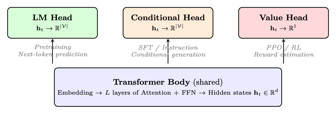 予測ヘッドを交換することで、同じTransformerバックボーンが異なるタスクに対応する。本稿で使う3つのヘッドは、最終射影層より下のアーキテクチャを共有する。