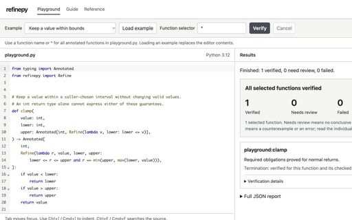 refinepyでclamp関数の範囲・返り値の契約と停止性が検証された画面